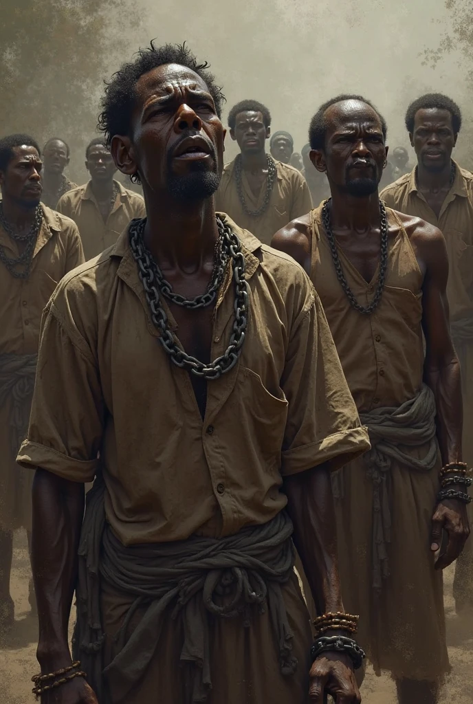 Five half-naked African slaves tied with a rope, descendant un escalier, tristesse dans les yeux, Whole naked body chained with wrought iron chains, no clothe, pas de coiffe, cheveux noirs, Dynamic scene from the movie Amistad, looking at the 50mm camera, Realistic photo HD, Diffuse light, Rebel Republic Environment, , hyper detailed, Whole size, Plusieurs hommes et femmes esclaves debout, loin cloth, esclaves, Himba, corps entiers, all are chained, chaines en fer, Hands tied with a large rope, Homme africain, Enslaved humans, Screenshot of movie 300, Samuel Jackson, africain, The man has black skin, Scene from the movie Amistad, dark-skinned, pagne