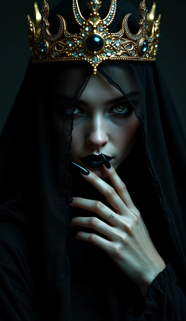 A close up of a Woman In Black , Black veil on her face With golden ...