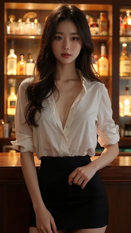 ((night, dark background)), ((A very cute woman gets naked in a nightclub)) ((at the bar)) cocktails, neon, drunk, ((wearing a white open silk shirt: 1.5.)). 4k, photography, masterpiece, best quality, dark gray background, ((1girl blue eyes and beautiful light red hair)) (realistic and beautiful face). A beautiful white woman with medium ass, soft medium breasts and white skin, varied poses. ((Medium breasts:1.3)),((Very soft breasts)), Detailed eyes. in a bar. (touching yourself). (bare:1.4), (open button shirt), (transparent:1.2) (sfw), (no panties), (side), front