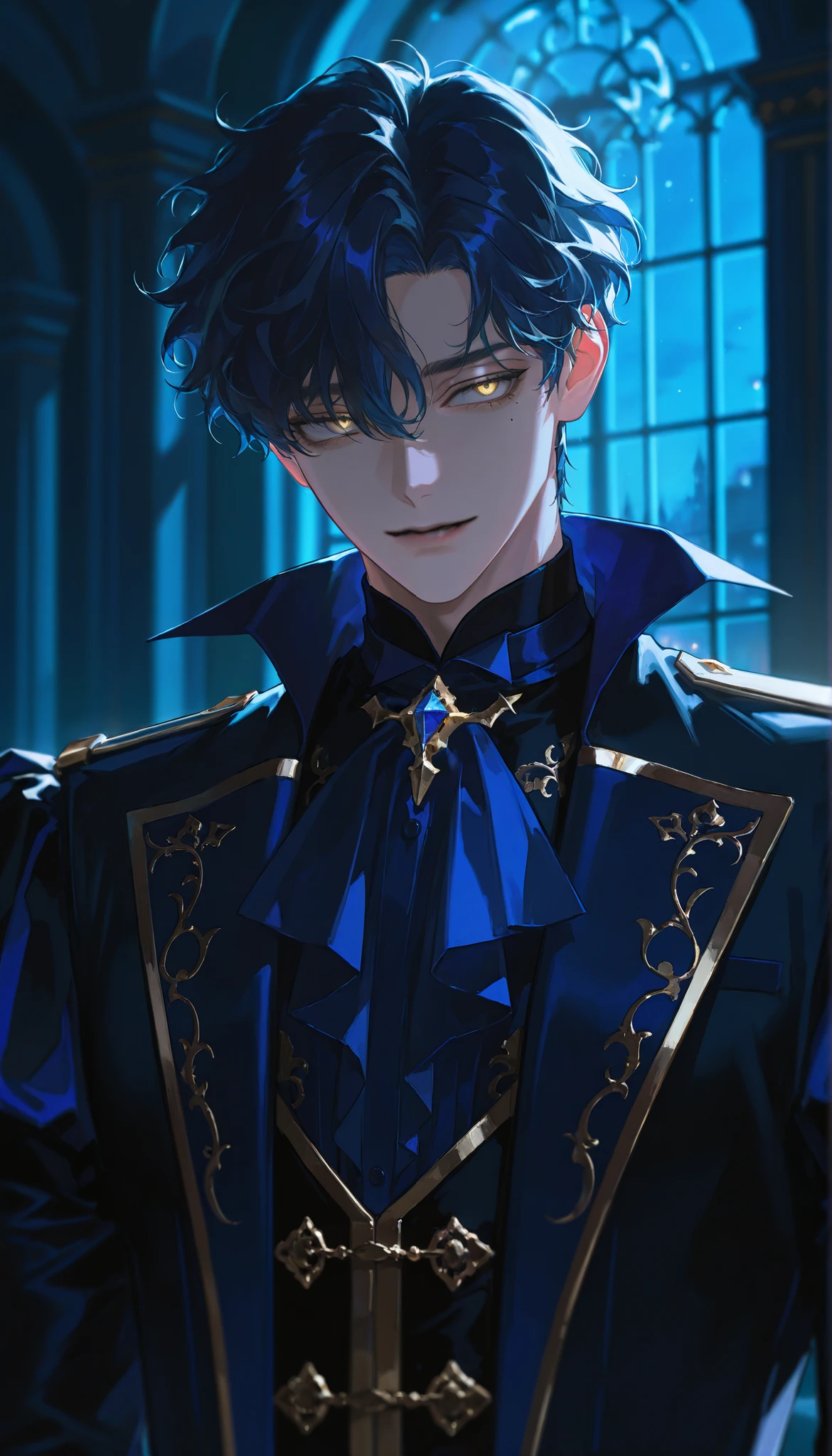 mele,dark blue hair,handsome,mole under eye,adult,night,black prince clothes,loosely wavy hair,gloomy mood,gold eyes,bewitching smile,short hair,dim,blurred background,center part hair,indoor,mature men,darkened room,blue indirect lighting,high quality,high efficiency,fine pixel,moody,,light-complexioned,alone,solo,prince
