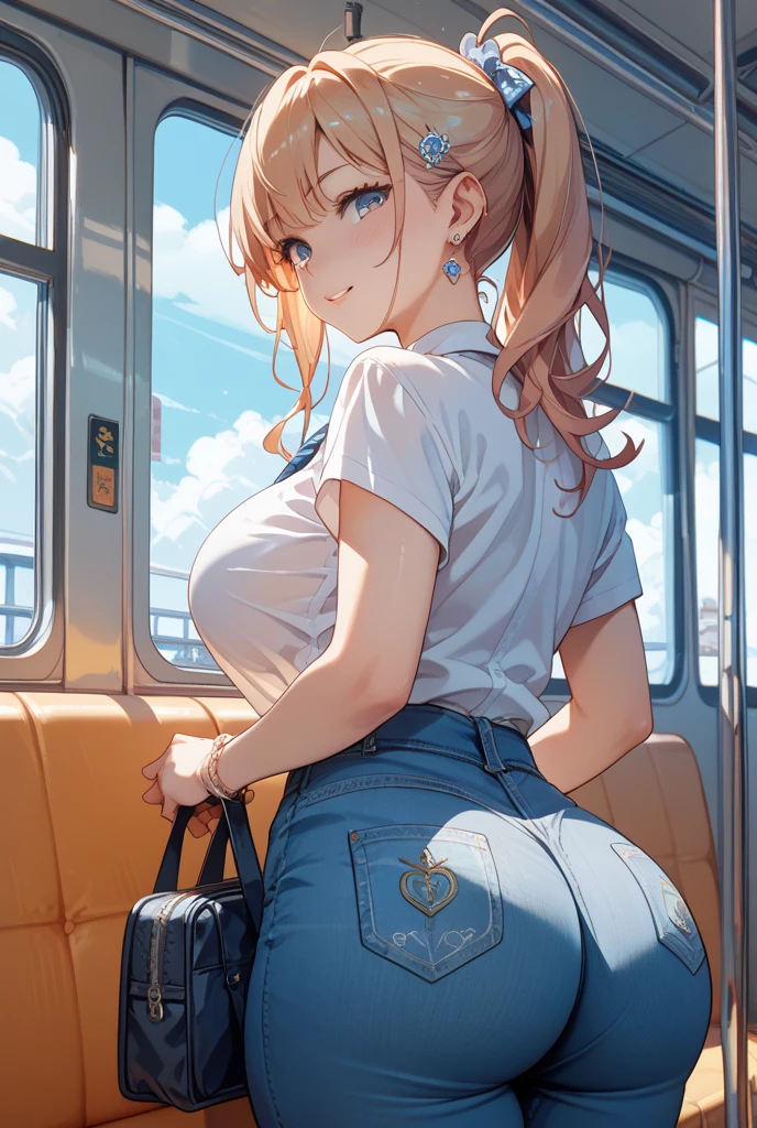 8k, High resolution, Highly detailed face, Super-exquisite eye masterpiece, highest quality,Big Breasts、Big Ass、A girl with a beautiful face、Thighs、feminine mini skirt、(Cum on my back:1.4)、(Cum on clothes from behind:1.4)、Sticking her butt out to viewers on the train、Strong lighting