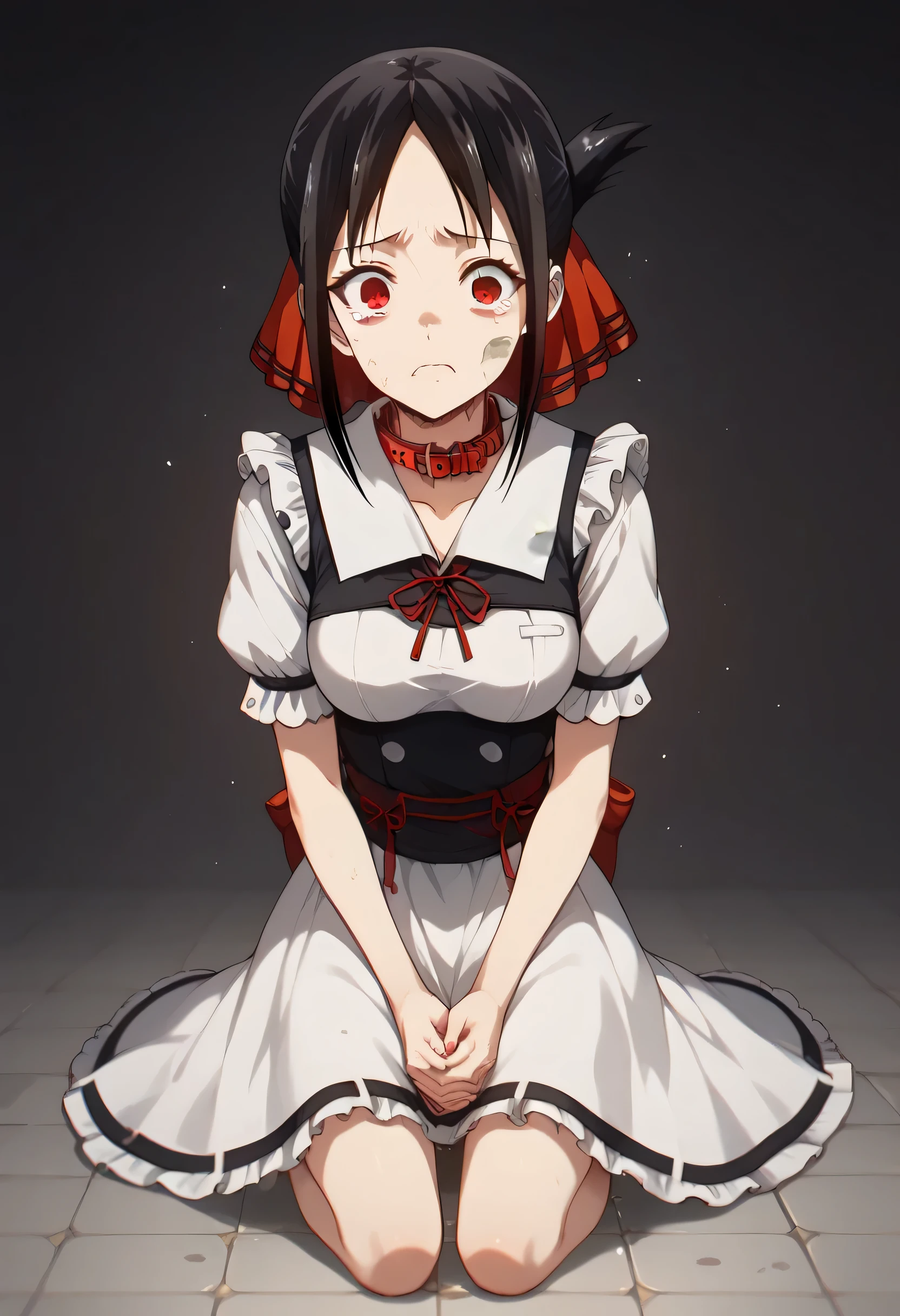 Kaguya Shinomiya , Love is War, black hair, medium breasts, scared expression, red eyes, stare, Broken and dirty maid outfit, bare feet, Rollo pet collar, full body, kneeling on the floor, hands together, black background, a lot of steam