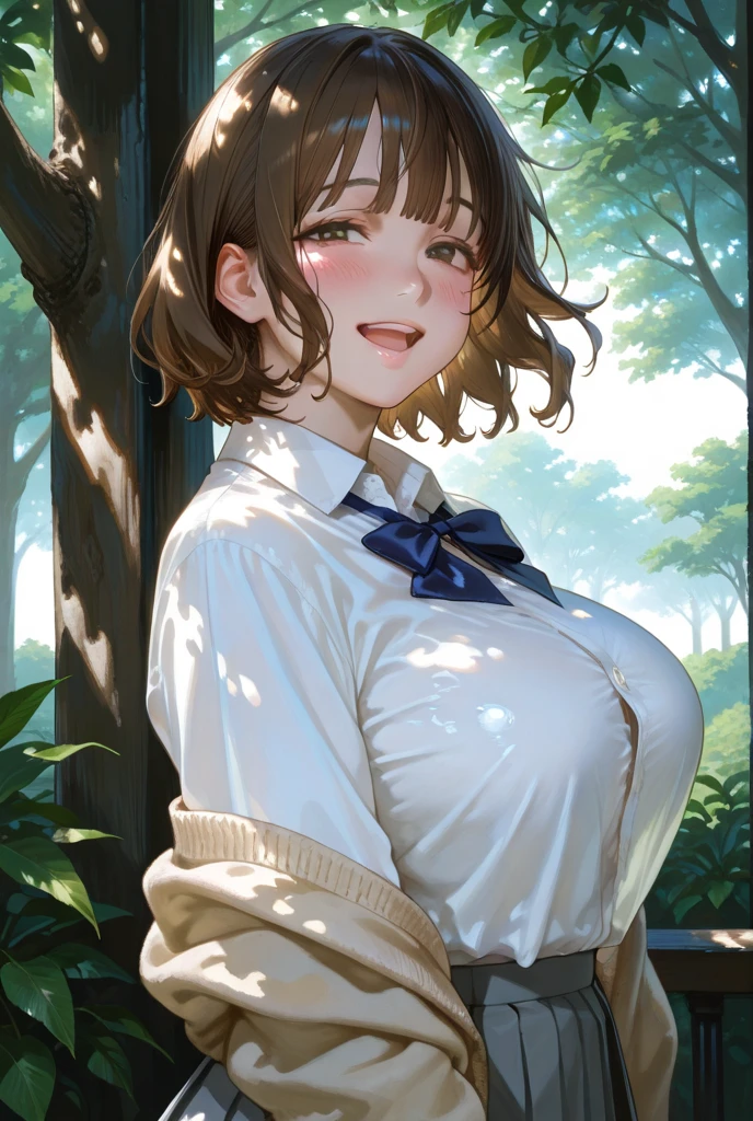 ((Top Quality)), ((Masterpiece)), (Detail), high resolution, Perfect Face, Fine Eyes, Depth of Field, Special Shading, upper body, (1 Beautiful girl), medium breasts, cleavage, (Caramel brown hair, very short hair, hair flaps, hair over eyes), (school uniform), dress shirt, pleated skirt, Scenery of the countryside, 