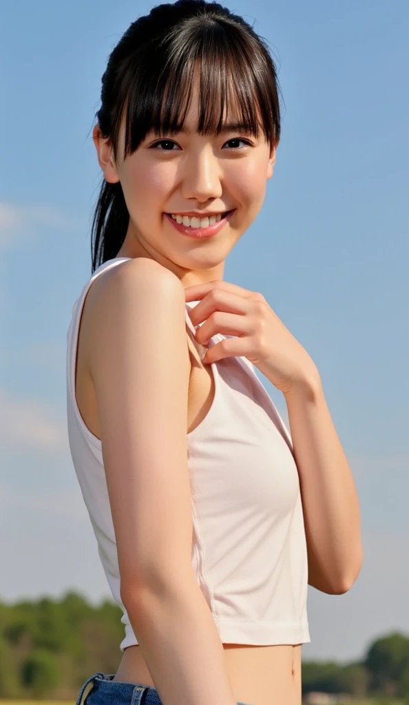 Lens: 135mm f1.8, (top quality), (beautiful 14-year-old Japanese girl), (moisturized lips), narrow eyes, double eyelids, delicate collarbone, flat chest, smile, (spotted Sunlight: not 1.2), Professional lighting, (Small figure), (Tanned skin: 0.2), Full body photo, ((Full body focus)), (Kneeling), Neat honor student, Gradual body, (White T-shirt: 1.5), various hairstyles, sunny summer sandy beach, very, very small breasts, undeveloped breasts, very cute, very young, cross-body bag