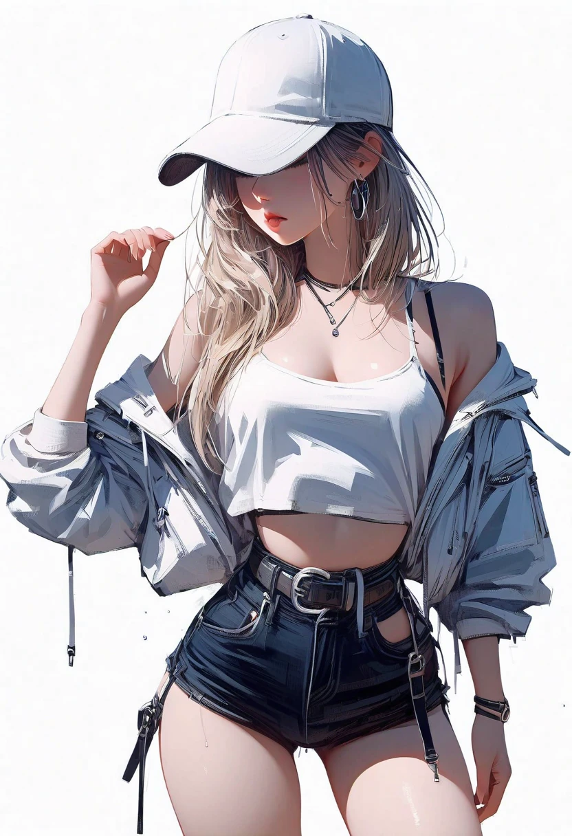 whole body, Basketball shirt, baseball cap, Hot Pants, absurdres, RAW photo, extremely delicate and beautiful, masterpiece, Best Quality, ultra high resolution, 32k, hyperrealistic, ultra-detailed, perfect figure, perfect shape, detailed description, pale skin, 20 years old, detailed beautiful face and eyes, tearful mole, earring, short medium hair, wavy hair,