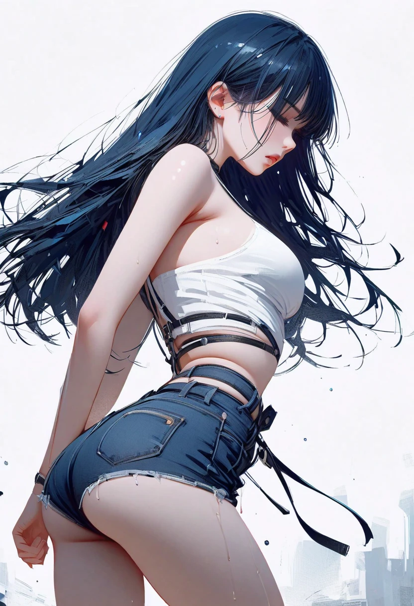 official art, 统one壁纸8k, Super detailed, Handsome and aesthetic, beautiful, The view of this place, spread legs, long hair, short, plump, one , Thick legs, straight hair, Hinata, hyuuga Hinata, empty eyes, white eyes , white pupils, big butt, belly out, jeans, bra, Breasts sticking out, skinny jeans, Black shirt, shoulders outward