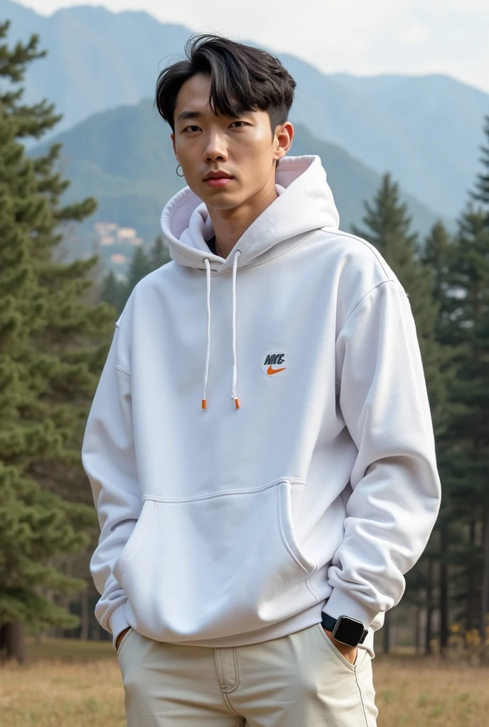 Seorang lelaki pemuda indonesia tampan pakai baju hoodie putih ada huruf F di baju ia sedang duduk santai di sebuah kafe