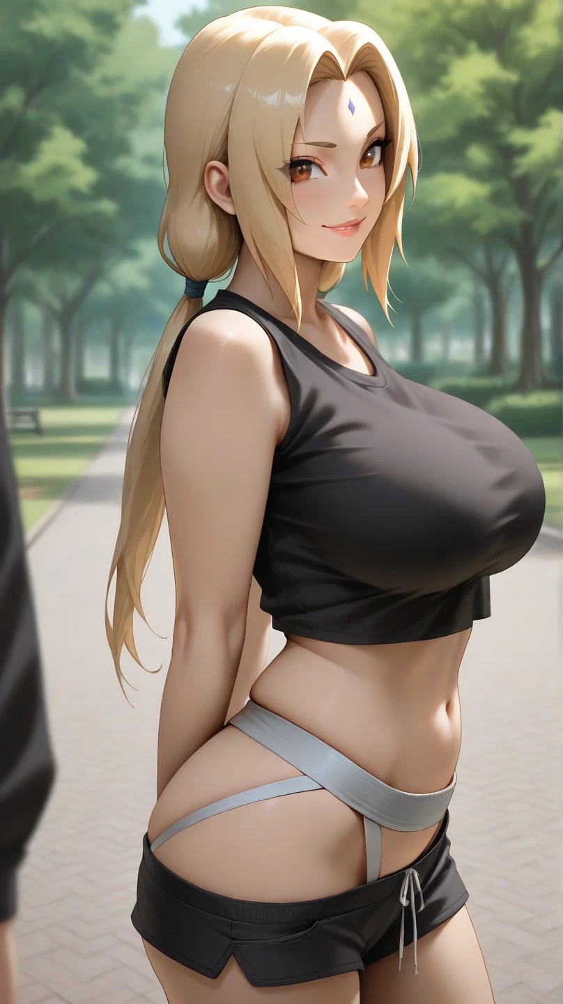 Masterpiece, best quality, high resolution, 1girl,mature female, big breasts, blonde hair, black eyes, slim waist, looking at viewer, perfect anatomy, white camisole, dolphin shorts, arms behind head, show both armpits, sweaty armpits, high heels, outside, blue skies, building background, streets, pale skin, sweaty body, from Above