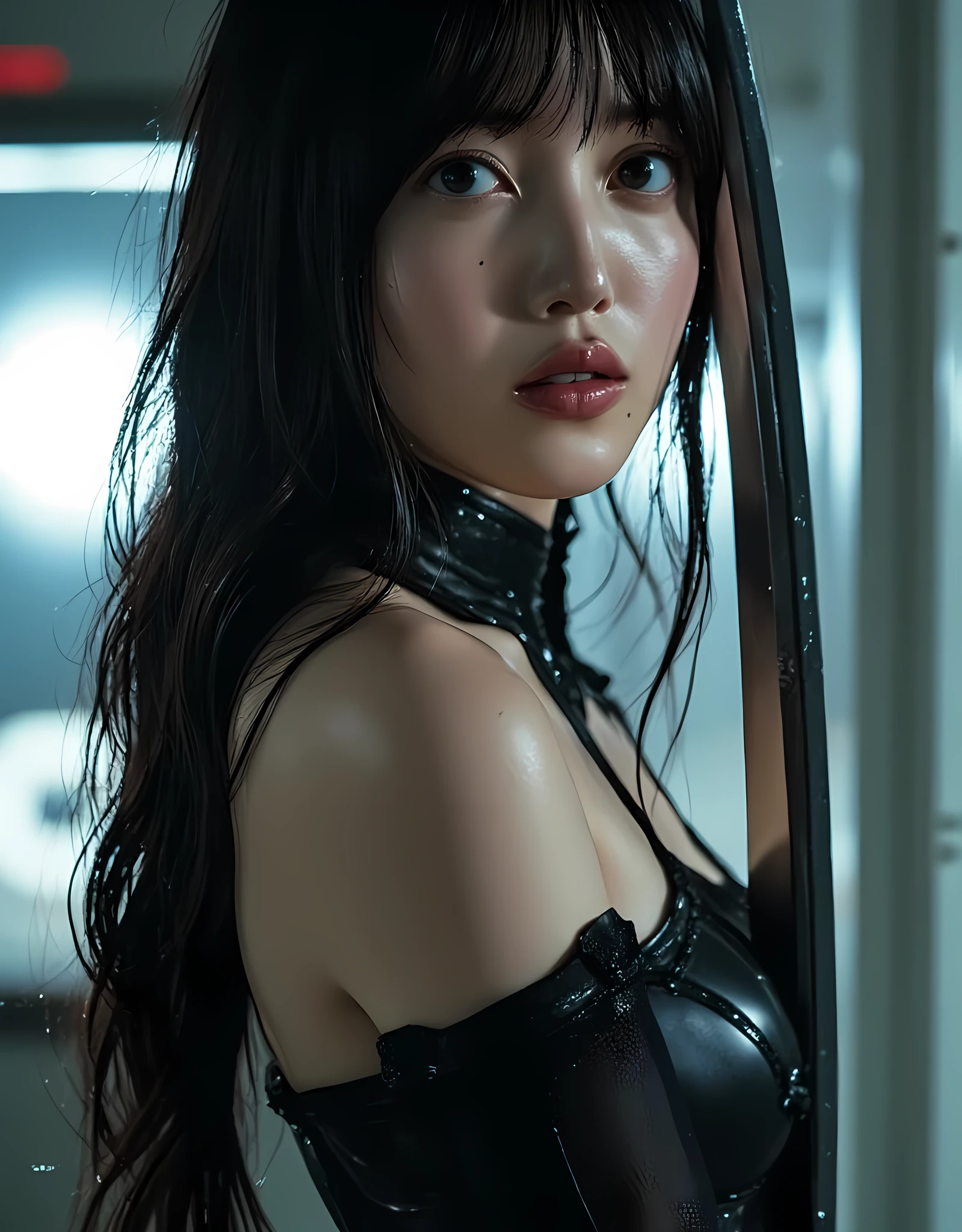 masterpiece, Ultra realistic, 16k, high quality, incredibly detailed, dream aesthetic, nightmare atmosphere, cinematic, work of art, (sharp focus: 1.5), (photorealistic: 1.3), featured (Beautiful girl), Nicki Minaj as goth girl in a movie scene, cinematic, detailed, 4k sharp focus, realistic, horror movie. scary. Tall and gorgeous, goth makeup. Seductive. Long pale-obsidian Messy hair, framing her pale, alabaster skin that seems to glow ethereally. Her attire is goth. Voluptuous form. Realistic eyes (evil eyes look), her eyes are like red orbs of intense of sinister light. A symmetrical face ::2 goth clothes + eclipse background + moon::1.5 ethereal illustration + trending on artstation + concept art + fantasy art + realistic cloth + fractals in the background, flowing hair --aspect 9:21 --uplight his otherworldly beauty. realistic skin texture, pale-white skin illuminated. realistic perfect shading. absurdres, realistic textures. solo, alone, 1girl. tall. looking at viewer. female muscular body, toned body, defined muscles. realistic natural breasts, cleavage. pantyhose, (a black) darkness queen dress adorned in gold (realistic texture). In Different positions at different angles. Night background. unbelievably real, best quality, Photorealistic.