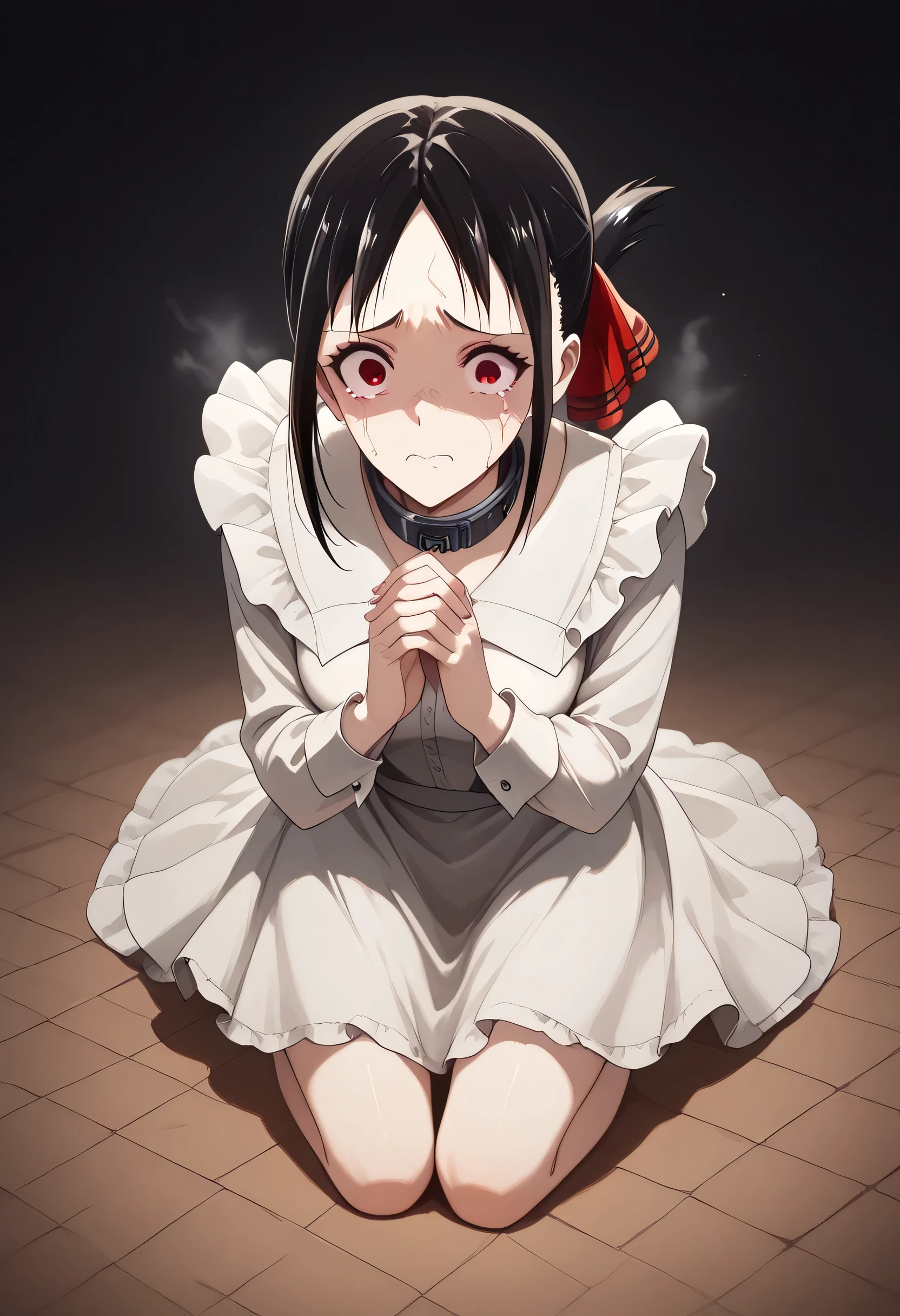 Kaguya Shinomiya , Love is War, black hair, medium breasts, scared expression, red eyes, stare, Broken and dirty maid outfit, bare feet, Rollo pet collar, full body, kneeling on the floor, hands together, black background, a lot of steam