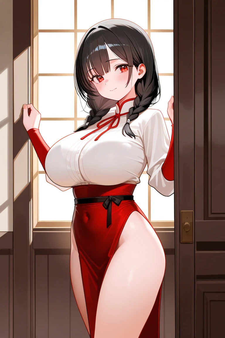 1girl in, Parted lips, blush, makeup, lightsmile, Full body, Wide Angle, From above, llight rays, Glow, thighs thighs thighs thighs, 鎖骨, Narrow waist, (masutepiece), (Nurse's Costume)、Colossal tits、a wet body、full of sweat、short cut hair、Dark hair color