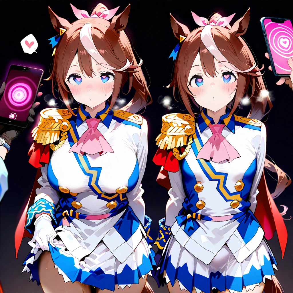 2girl, ange katrina \(2nd costume\), nijisanji, tokai teio \(umamusume\), umamusume, perfect eyes,city street,masterpiece,very aesthetic,newest,sensitive