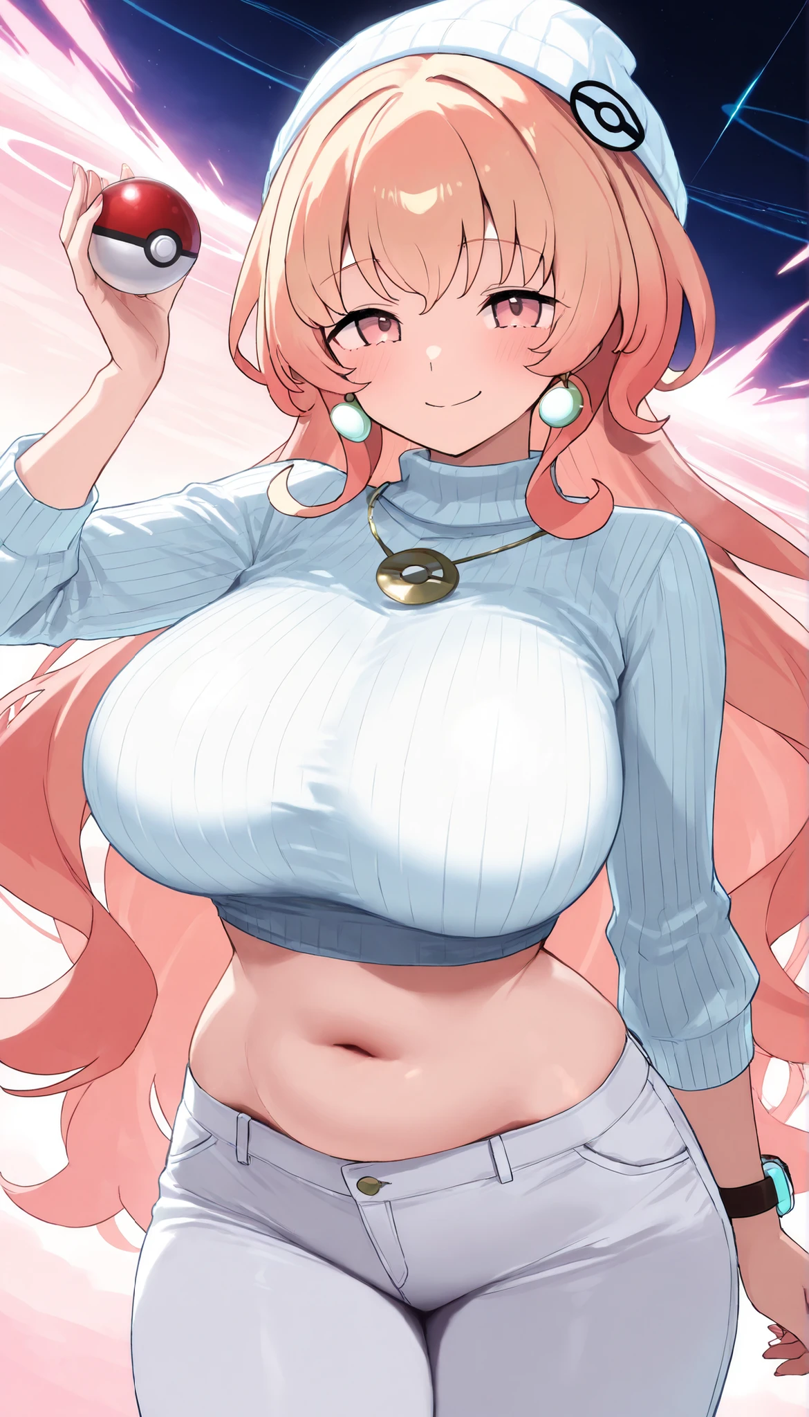 15yo girl, mini tank top, huge breast, thong, thicc thigh, pink, charming smile, light pink hair, hime cut hair, long hair, see through