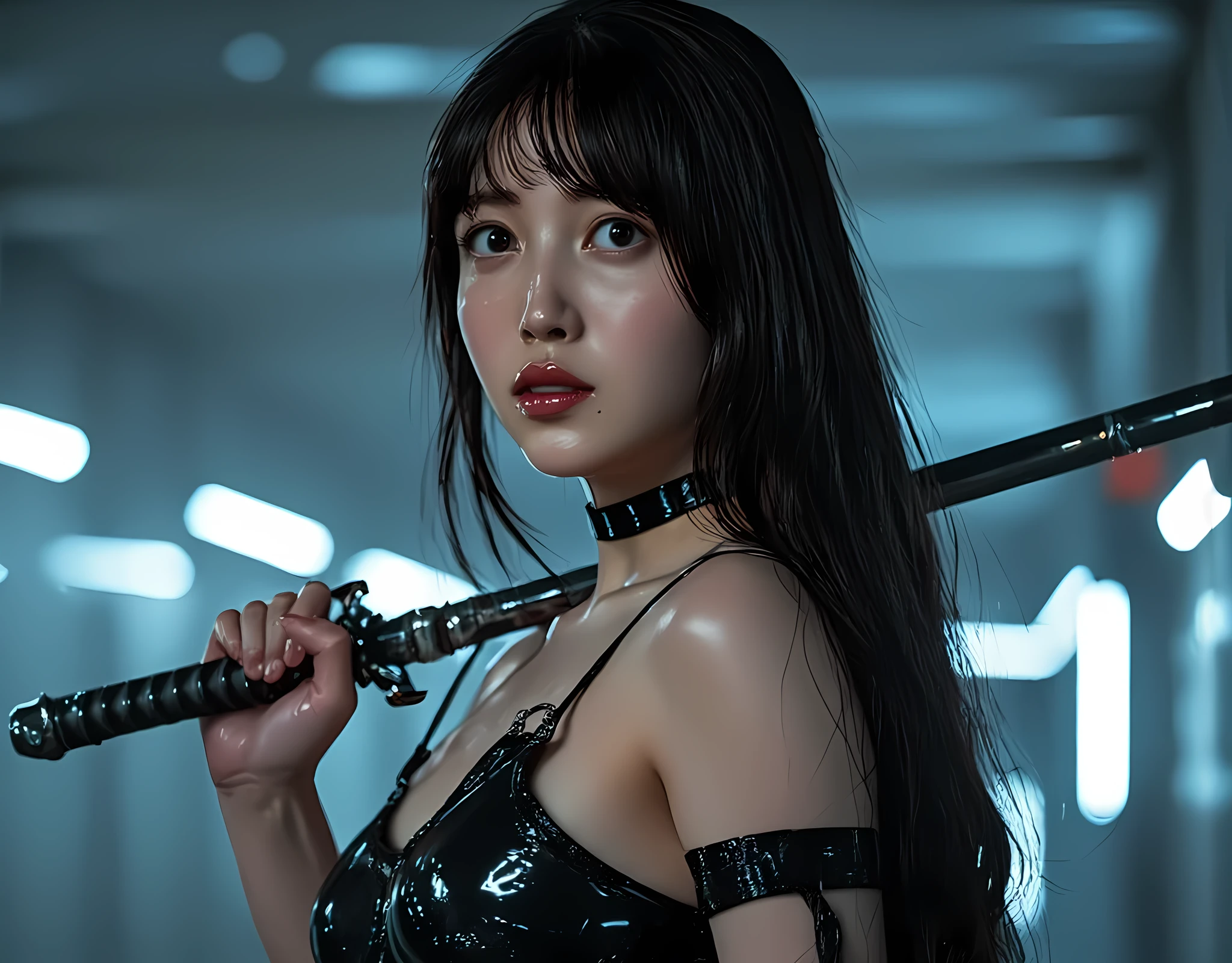 ((starry sky:1.7)),(((On the dark moon:2.0))),(((HR Gigger style cyberpunk atmosphere:2.0))),(((holds a cyberpunk-style Japanese sword:2.0))),((Point a Japanese sword at the viewer:2.0)),standing,((full body:2.0)),one woman,(cute face:2.0),(Beautiful well-balanced face :2.0),((long hair with bangs:2.0)),(wavy black hair:1.5),(Beautiful Eyes:1.3),glamorous shot of a 20-year-old Japanese woman,Beautiful slender body,((model body type:2.0)),((slim body:1.7)),perfect body line,Ideal Proportions,((small breasts:2.0)),((Three sizes 84-55-85:2.0)),((B-cup breasts:1.5)),beautiful breasts,((Underboob:2.0)),Bare thighs,Sensual Thighs,delicate body,(muscular:1.7),harmonious posture,((Realistic breast depiction :1.7)),carefully depict limbs based on perfect anatomy,(( futuristic samurai style black corset:2.0)),((body-fitting latex corset:2.0)),((((Black nipples:2.0)))),((Hide your nipples:1.7)),((black kimono:2.0)),((Tactical Holster:1.5)),((((Coarse mesh fishnet stockings:2.0)))),concept art,(top quality:1.5),(masterpiece:1.5),(超高resolution),resolution,UHD,(delicate depiction),carefully drawn,32k,((realistic skin texture:1.5)),(((super realistic:1.5))),carefully draw eyelashes,Highly Detailed Faces,Highly detailed female hand, Sexy appearance ,Extremely Sensual,(Blurry Dim Backgrounds :1.5),Professional Photography,(movie lights:2.0),((Blade Runner style lighting:2.0))