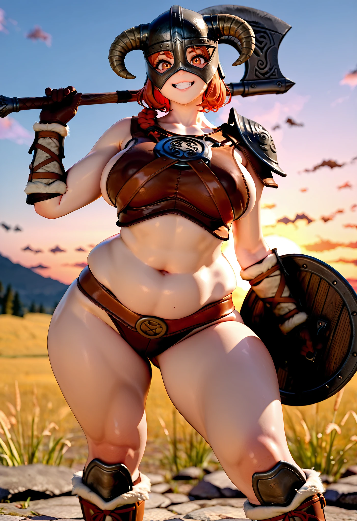 masterpiece, best quality, 8k. 1人の 40代 mature woman, perfect eyes, Detailed Eyes, big eyes, long eyelashes、 chubby Face, A plump、Detailed face, chubbyした身体、beautiful plump supermodel、black braids 、mature woman、 saggy breasts、Flaby belly, (fat body、curved body),(girl losing all、saggy big )、( fat ass、chubby),white skin, smile, beautiful teeth,(watch viewers),(See highly detailed faces),3D, ((Dobakin Armor)), fur、Gauntlets、boots、Too much skin exposure、Show me your belly button、areolas are sticking out、horned helmet、(to hold the shield and axe))、Skyrim、Skin Dentation、 Compa、Rocky Mountain、skyrim landscape、Sunset、 super detail, backlight