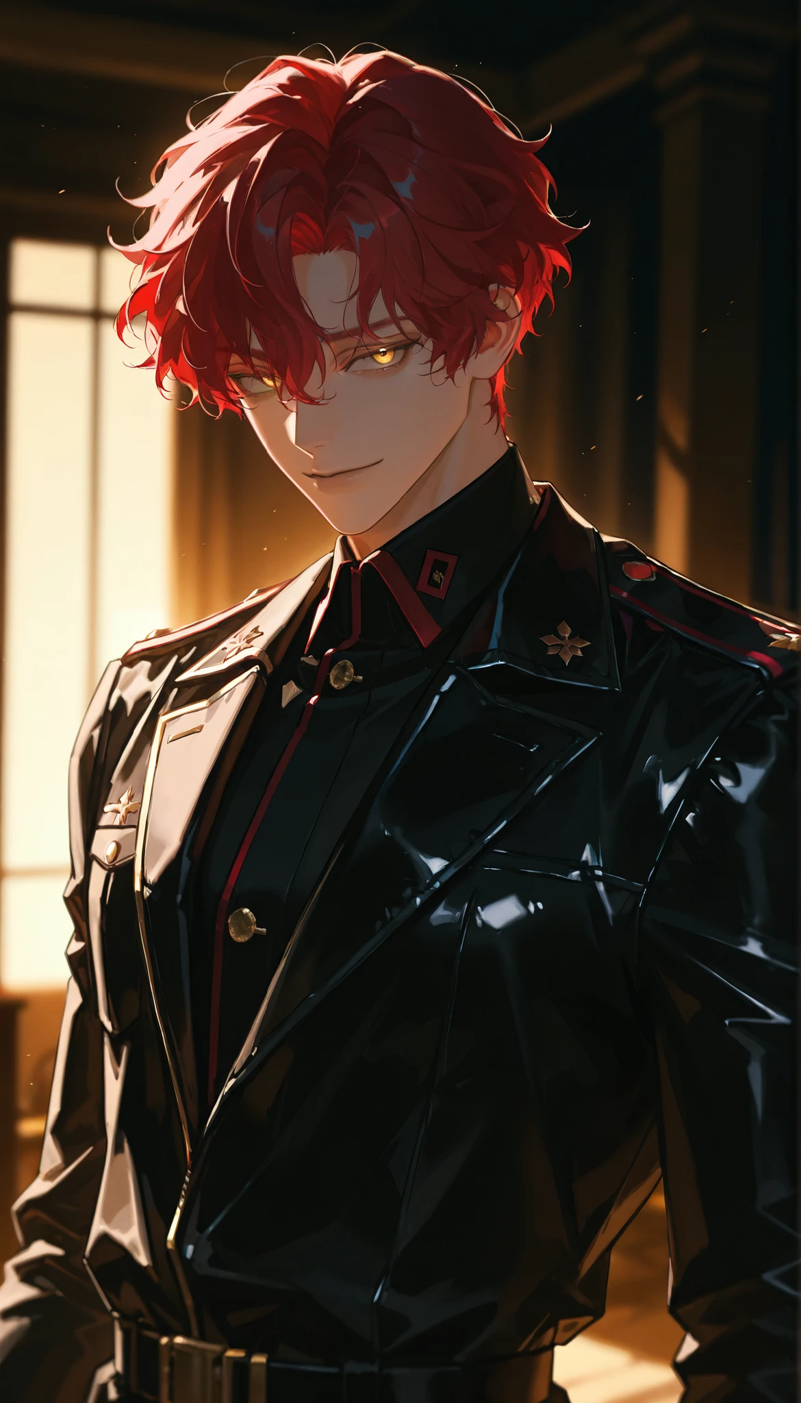 mele,red hair,handsome,adult,night,black noble military uniform, black leather jacket, loosely wavy hair,gold eyes,bewitching smile,short hair,dim,blurred background,handsome hair,indoor,mature man,darkened room,gold indirect lighting,high quality,high efficiency,fine pixel,ethereal,light-complexioned,alone,solo