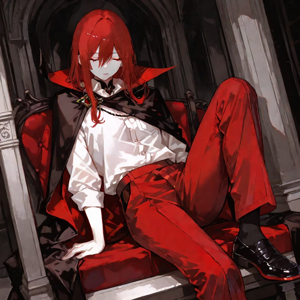 a man with dark skin with curly red hair, he wears a pink shirt with a brown coat and a necklace with an inverted cross attached to it as a pendant, he has red eyes with distorted pupils and a three-pointed scar in the middle of his head. forehead, he wears red pebble earrings, he wears black dress pants and mid-calf boots with high heels, he has a horrifying smile with several crooked teeth, he stares at you in an extremely frightening way, he is handsome with a elegant yet extremely hideous and strange way.