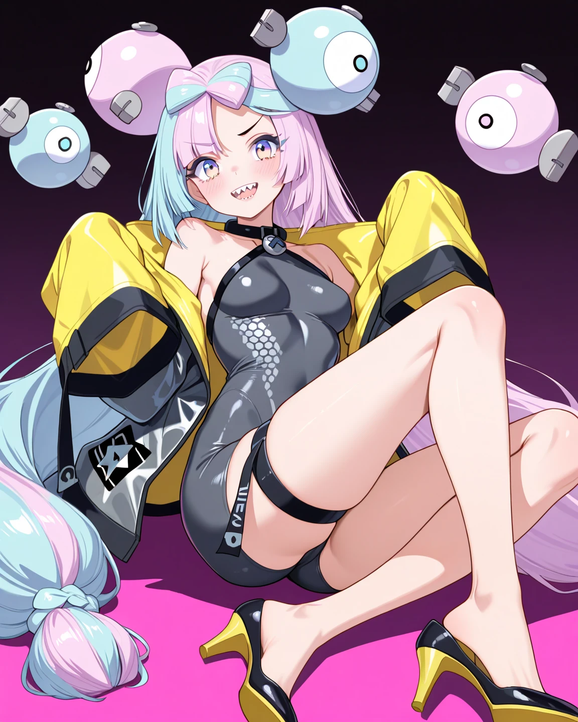 Erotic Anime Illustration、highest quality、Sex Appeal、Downtown Festival、Savage Laughter、Road surface covered with graffiti、Selling aphrodisiacs、Splatoon、Plump Gal、Perfect proportions、Very large breasts、Exposed nipples、Fatty legs、Beautiful, shining eyes、Exposing the vagina、Sweaty、Cowboy Shot、Hatsune Miku