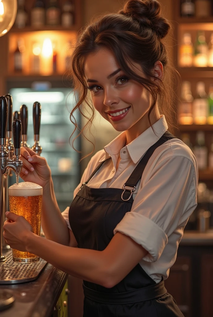 Fille, happy face, at the bar, habillée d&#39;une belle robe, Une peau propre, super maigre, very detailed, Detailed face, longs cheveux bruns, yeux bruns, long torse, tanned skin