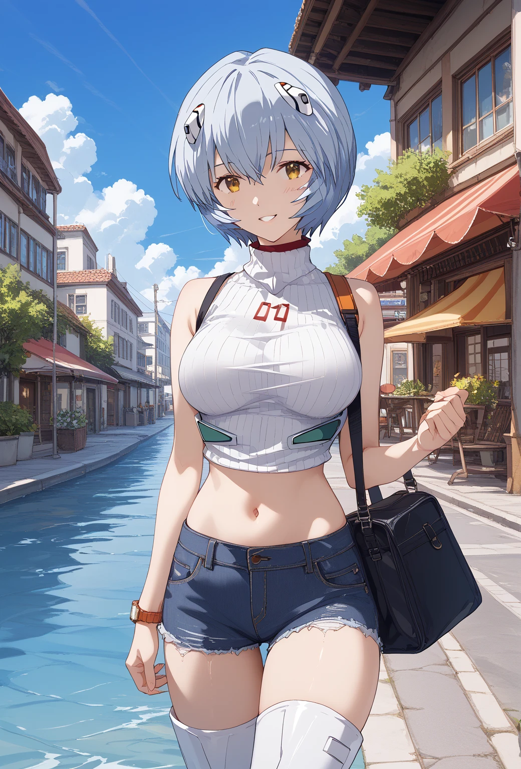 (((masterpiece))), ShizukaMikazuki, 1girl, solo, looking at viewer, short hair, white hair,blue eyes, long sleeves, cleavage, bigger breasts, closed mouth, collarbone, jacket, open clothes, open jacket, blue jacket, ground vehicle, sports bra, tall girl, horny