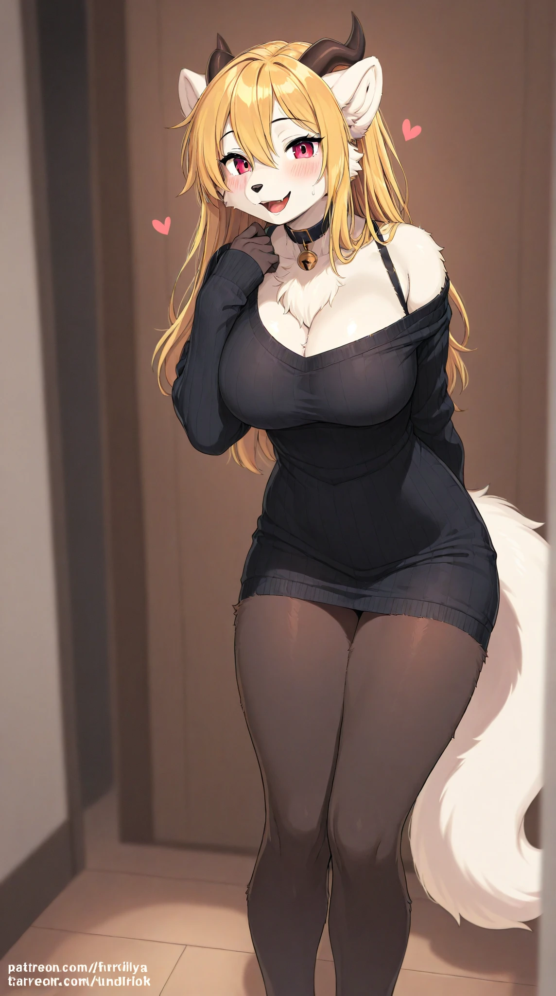 1 woman, Cynthia, Pokemon, blonde hair, very long hair, grey eyes, soft, soft light, delicate, frills, (large breasts), (frilly), flirty, happy, excited, black thighhighs, sexy pose, high heels, fur coat, black dress