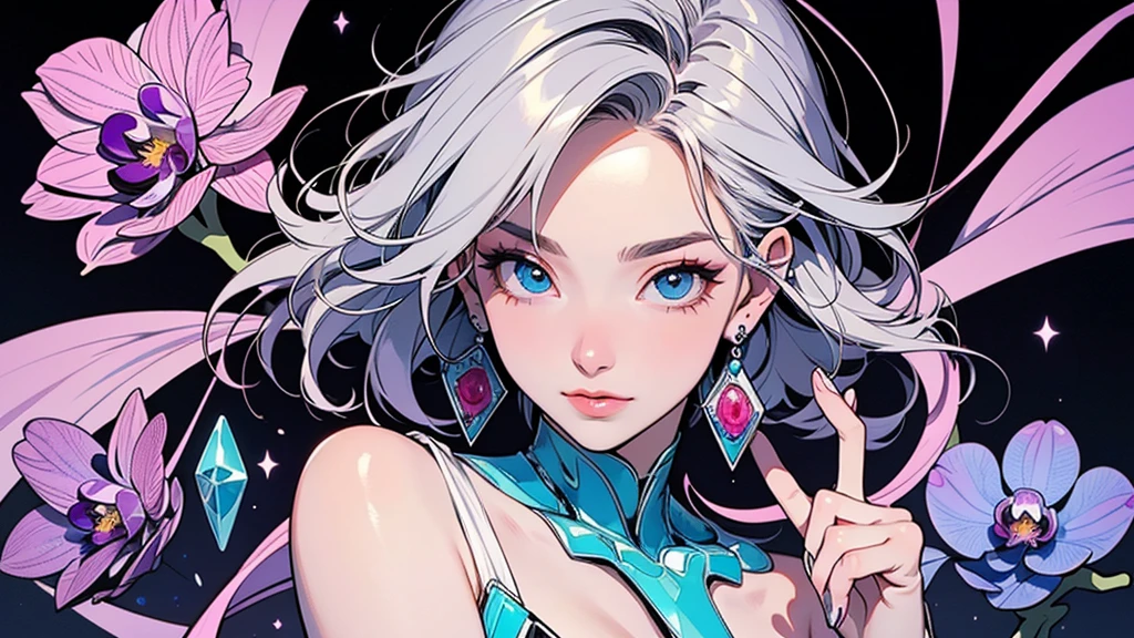 she has skin is grey, and her ears are pointy and black instead of dark blue. Also, the brows of her eyes are pointed downwards, giving her a harsher expression. sHe has rosy cheeks. her body is black and he wears pink scarf around her neck. sHe has a pink 5-point star tattoo on her left ear and three silver round earrings on her right ear. sHe is usually seen smirking, although sometimes she has a more serious expression.  SPARKLE; GLITTER