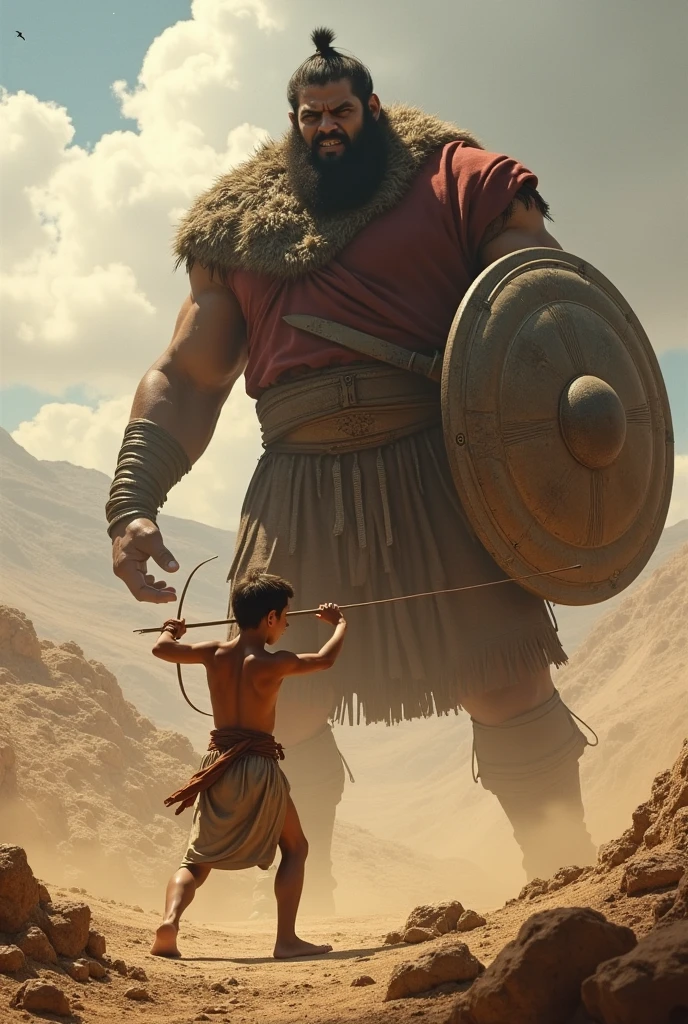 गोलियत का गिरना**:छोटे डेविड के सामने विशाल गोलियत ज़मीन पर मरा हुआ पड़ा है।