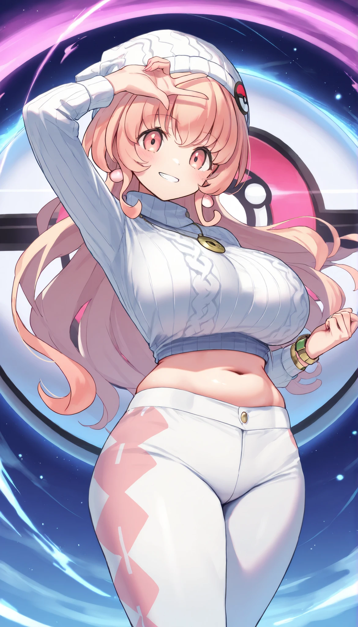 masterpiece:1.4, sauce_anime, top quality, sharp concentration, 4K, 8k, perfect human body structure, details, 1 girl, 2D, Ultra Details, 正しいdetails, perfect detail, girl with a beautiful face , high resolution, solo, (Kurashiki Reika | Hypnotic Guidance:1.5) Pokémon Trainer Girl, long hair, blue eyes, Gold, 非常にbig breasts, Big Breasts, big breasts, Big Breasts:2.6, Beautifully Shaped Breasts, plump breasts, Thick waist, Thighs, slim waist, curvilinear, Chest, belly button, earrings, dark blue shirt, crop top, white sweater, long sleeve sweater, bracelet, white pants, pink patterned outfit, black stockings, white hat, Remove the logo (pink Pokéball logo), standing, raises his hand, Pink pattern, V sign in left hand, outdoor, open field, Compa, orbital space, watch viewers, front view, Sexy Poses, close-up, upper body, confident smile, confident eyes , confident look, grimace, green, Sexy Poses, dynamic pose, sensual, Watch Safe Workplace