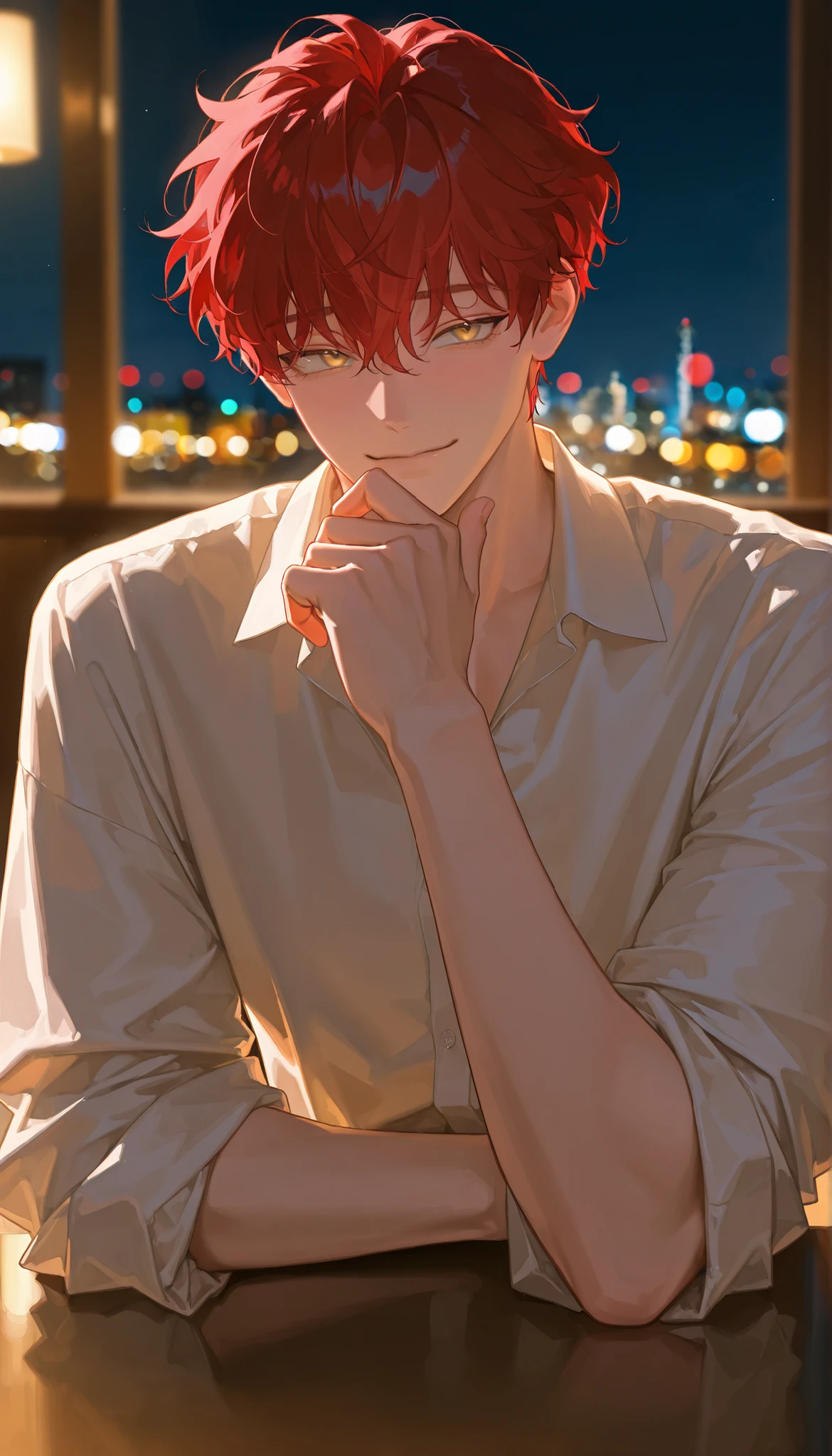 mele,red hair,handsome,adult,night,loose white dress shirt, rolled up sleeves, loosely wavy hair,gold eyes,cheeky smile,blushing, short hair,dim,blurred background,handsome hair,indoor,mature man,sunny room,gold indirect lighting,high quality,high efficiency,fine pixel,ethereal,light-complexioned,alone,solo
