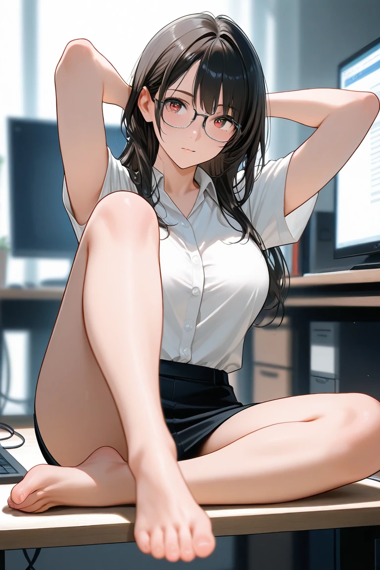 lighting like a movie、top-quality、Company Office、Girl sitting on office chair、Underwear、white panties、camisole、Black-rimmed glasses、Slender Line、