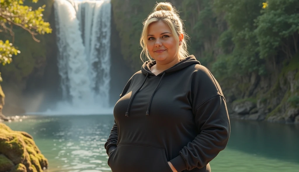 Fat woman, 40 years old white Caucasian woman, underneath waterfall, long straight blonde hair, serious, chubby, bbw, wet t-shirt, wet pants