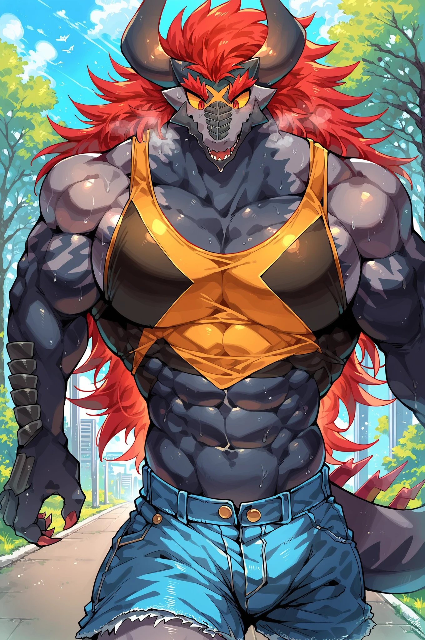 Batzz,Future Card Buddy fight,male,aldult,alone,4K,best quality, whole body,looking at the audience,Bodybuilding posture, Show muscles,Upper body exposed,bared chest, (very muscular, Athletic body:1.0), muscular chest, Pink nipples, six pack abs, broad shoulders, biceps, 弯曲biceps, anatomically correct,pride,soft shadow,majestic (Detailed face, delicate eyes:1.1),Sharp eyes,red eyes,eyes shining,Grandiose,Valiantary,red swimming trunks,Smile confidently,Strong,mature,simple sky background,