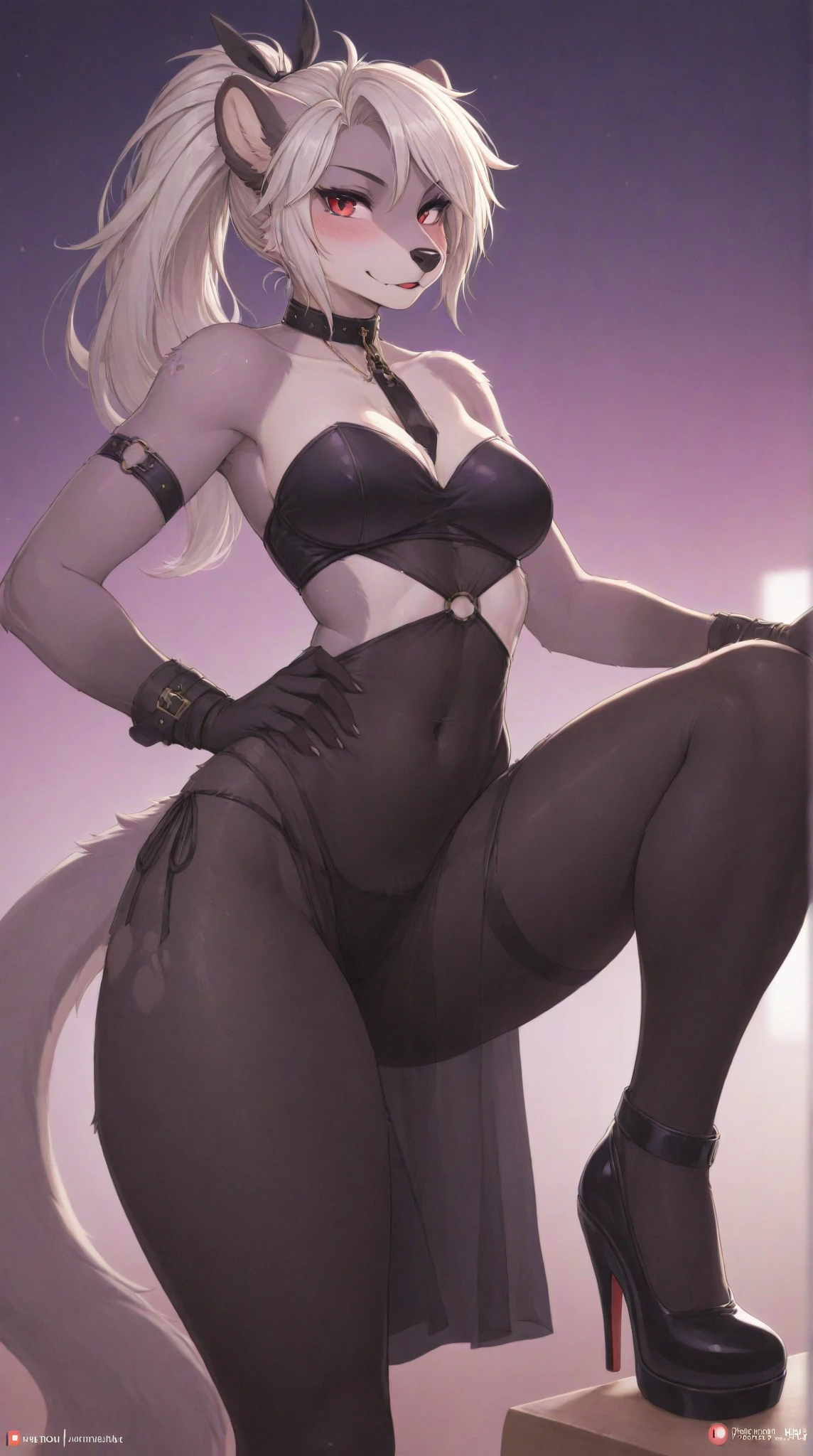 Girl with 3 Heads, Cerberus, White Furry Wolf girl, white fur, yellow eyes, Black sclera, white hair, modern outfit, combat metal hight tech gloves, big breasts, big ass, thicc, hight details, busty, fangs, in the room,