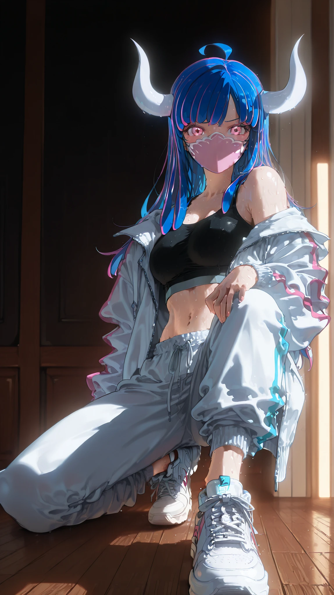 Ulti Solo, horns, pink eyes, hair. Long hair, multi-colored hair, bangs, ahoge, face, mask, face mask, wearing a black sports crop top, baggy sweatpants, white sneakers, oversized open jacket, stylish urban dancewear, inside a dance studio, wooden floor, mirrored wall, confident pose, slightly sweaty, relaxed and serene expression, dim lighting, realistic shadows, looking at viewer, blushing, white horns, blue hair, pink highlights.