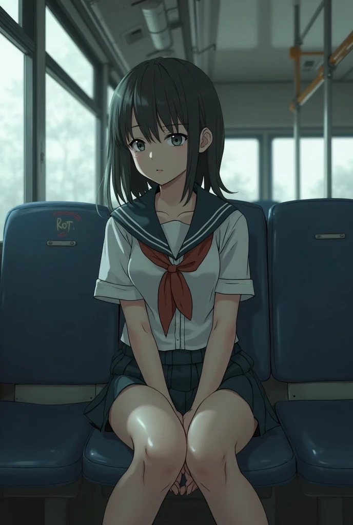 (1) A woman is sitting alone on a long seat in a train. She spread her legs、Showing white panties, Composition from the front,Low - Angle
(2) She is a high school girl, She is wearing a uniform consisting of a miniskirt, sailor suit and loose socks..
(3) she has medium length brown hair.
(4) Her expression is provocative and smirking.
(5) The location is a long seat on the Yamanote Line at night.. There are no other customers. The view outside the window is the night view of the city.
