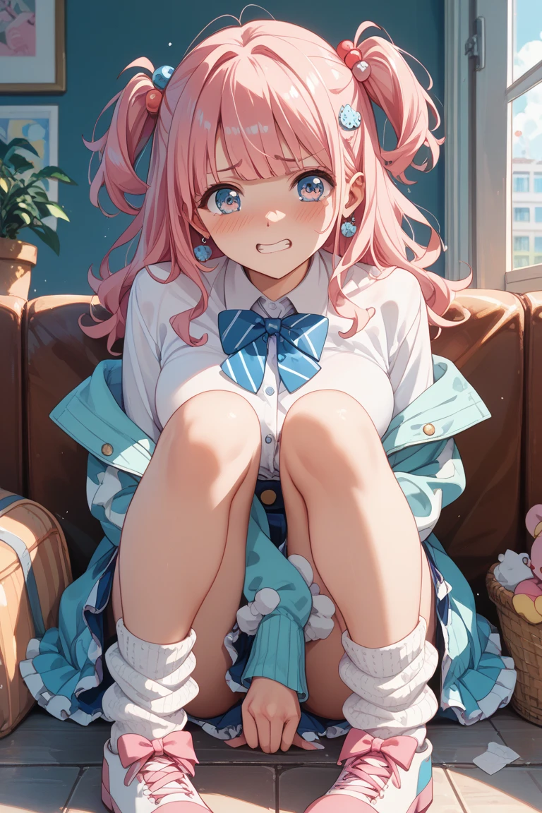 (8K、best image quality、highest quality、masterpiece)、detailed face、1 girl、pink hair、side ponytail、light blue eyes、earrings、evil small、((grin))、big breasts、cleavage、((white shirt))、black pleated skirt、((pink cardigan))、white socks、loafers、sitting、knees up、sit on the stairs、Taken from above、((indoor stairs background))