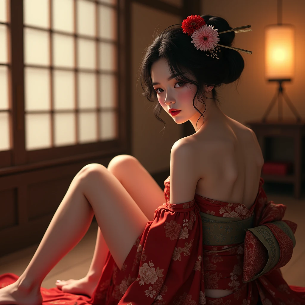((Top quality, 8k, Masterpiece: 1.3)), Sharp focus :1.2, ((Body slim thin captivating)). ((Skin tattooed)), huge breasts, huge ass, fitness legs. Make-up face. Red lipstick. hair accessories, hair Bun, elegance, enchanting,
((Beautiful Japanese Geisha)), ((long skirt. Red kimono. Bare shoulder, legs and breasts)),
Long legs_full body. Sit down. Under the floor. ((Dark background))