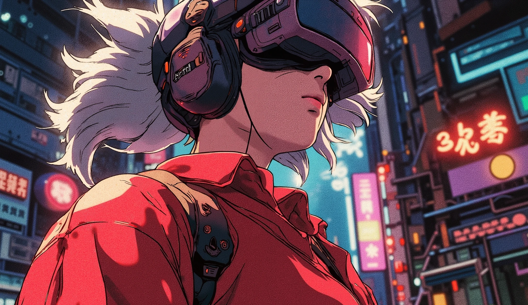 32 mil, obra-prima, high quality, ( Beautiful Asian girl ) ciberpunk, multicolored hair , Bottom of the dystopic metal pipes and wires , VR protective glasses, Headphones , colorful lights , Futuristic Street Fashion, night vision , bright colors, Shallow depth of field , High Contrast Photos , Dystopian Urban Aesthetics , Bright lips like M-shaped legs , detailed facial features , Stylized realism 、Near future