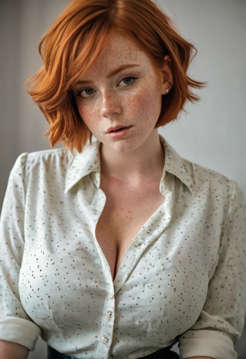 Girl , Red-Haired , freckles , shy short hair , very large breasts , wears a blouse, Blouse buttoned up to the top, visible buttons on the blouse, adult ,Sleeve style suit