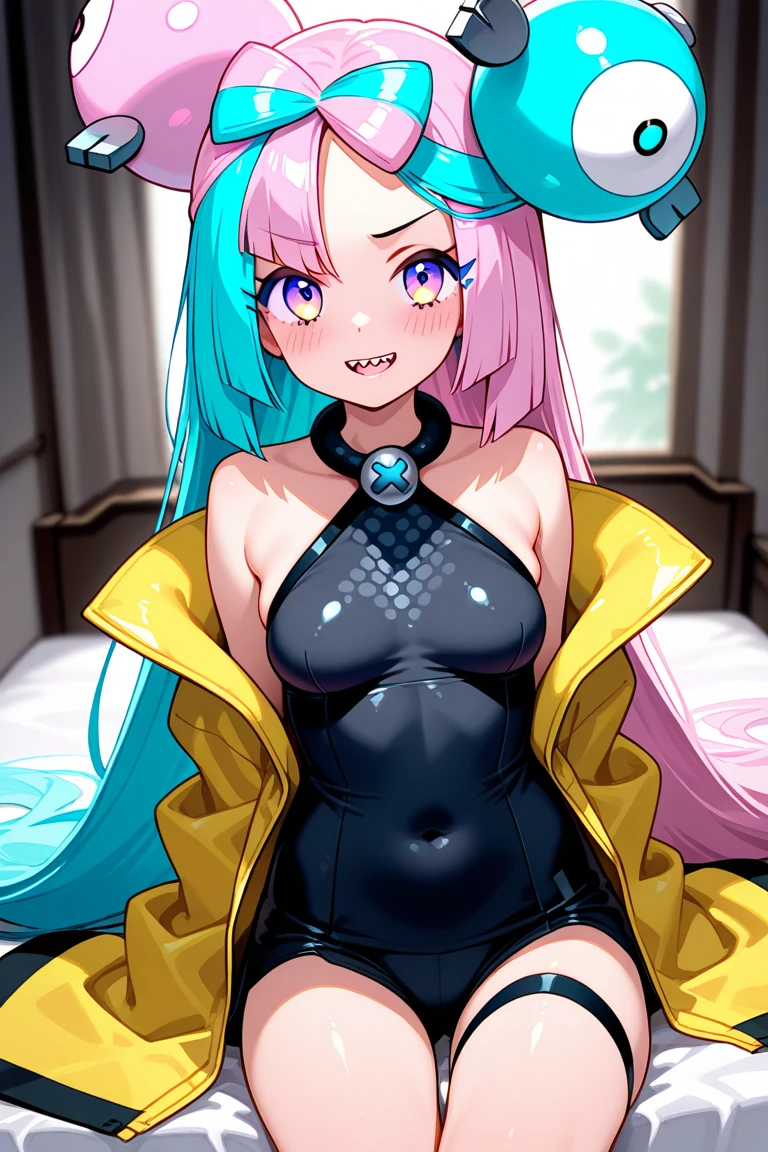 ((solo girl)),((score_8_up, score_7_up, score_6_up, score_5_up, score_4_up, anime screenshot
1girl, solo, iono (pokemon),(grey vest:1.4), multicolored hair, long hair, character hair ornament, bow-shaped hair, sharp teeth, yellow jacket, open clothes, open jacket, thick thighs,)),((Perfect body,))Heavy breathing,saliva, sweat, Sweaty and wet all over,((Perfect body,))((Super beautiful,))((High quality,))((big breast,))pov, Looking at Viewer,Sweaty body, love Juice dripping from her crotch,Rough breathing, sweaty body,Blushing, looking shy at viewer,love hotel room on the bed, The whole body is wet and the skin is glossy and shiny, (masterpiece), collar,cowboy shot,standing,nsfw,sprealegs,squatting and straddling,(Show off your crotch by opening your crotch in a crouching posture,)(arms behind head,)half open eyes,open mouth,