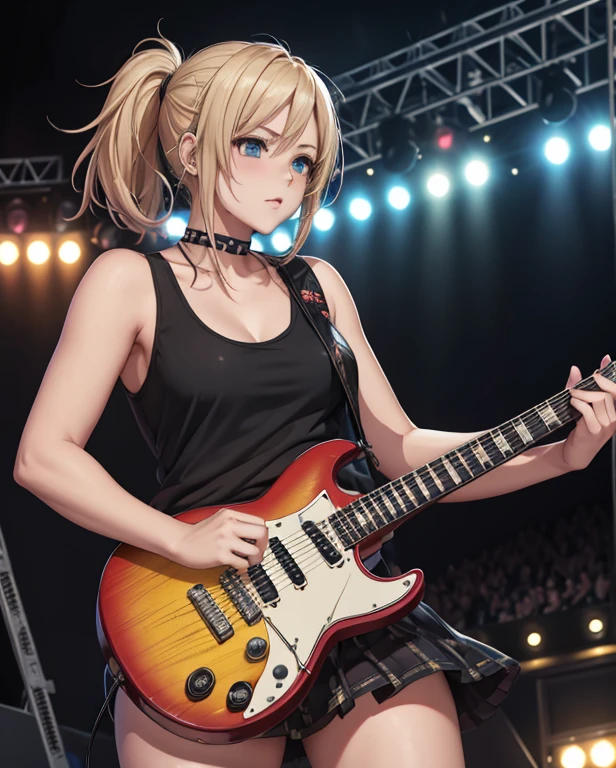 masterpiece、highest quality、High-quality images、High resolution、8k、1 Female、detailed、Photorealistic、Shiny Hair、Skin luster、detailedな目の描写、Platinum blonde long hair、Deep blue eyes、rock band、guitarist、Black Leather Stage Costume、mini skirt、concert、Spotlight、Fanaticism、music、Camel Toe、Giant tit、Nipple Puffs、Cleavage、Plump、Super big breasts、Super big butt