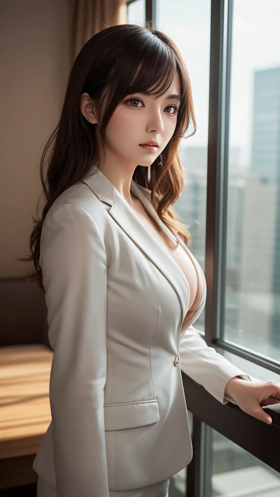 Three Women:1.3, ((Highly detailed skin), Beautiful realistic face, White skin, Pointed Chest, Erect nipples, Accurate anatomy, Realistic eyes, Natural eyes, Brown eyes, Accurate eye focus), (Hyper Realist, Ultra-realistic, 4K, Attention to detail, Ultra-high resolution, Highest quality, masterpiece, before, dynamic, bold, Sharpness), (Wear a business suit:1.3), The brilliance of a business suit, Business suit with a long-sleeved blouse, Business jacket, Tight business skirt, mini skirt, Wearing a long-sleeved blouse, ({pink| Money| Silver| wine-red| navy| purple| satin| silk|}:business suit colors), smile, high waist, (office, indoor, corridor), (length, Thin limbs, High heels, Stiletto heels, whole body:1.2), Big Breasts:1.5, The shine of flesh-colored pantyhose, Apply gloss to your lips, expensive, whole bodyが写っている, Very light coppery amber hair, Twin tail hair, I can see her cleavage, officeレディ, Looking into the camera,