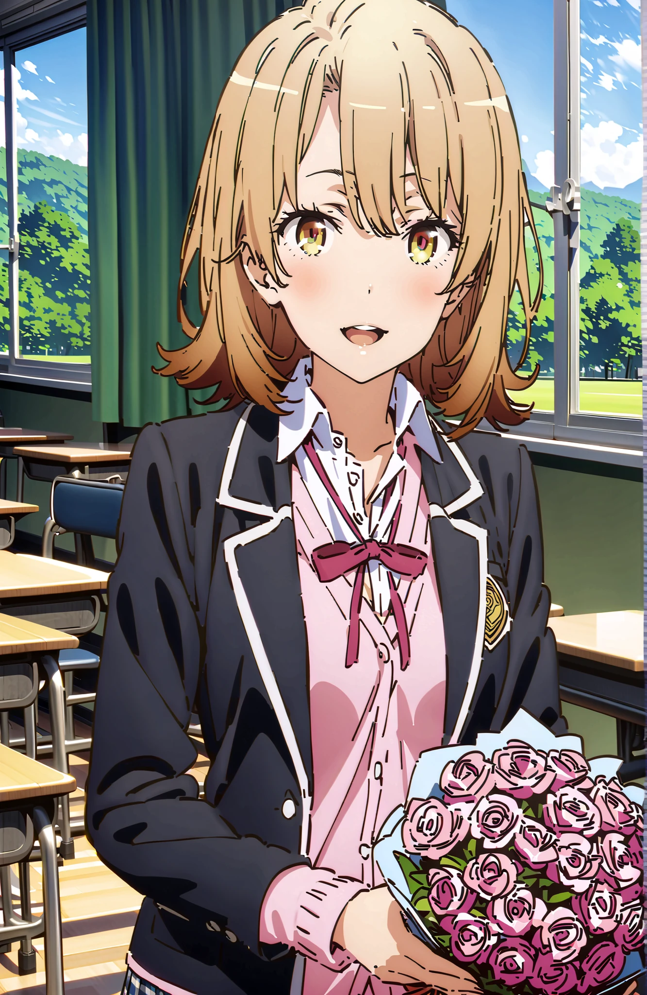 Irohaisshiki, Ishizaki Iroha, solo,short hair, brown eyes,brown hair,smile,blush,open your mouth,skirt for ears, shirt, ribbon, uniform, jacket, white shirt, opens clothes, open jacket, black jacket, plaid, plaid skirt for ears, blazer, cardigan, Black socks, pink cardigan, sobu high uniform, black high socks,Holding a bouquet in both arms,standing,Beautiful Scenery,noon,curtains,window,machine,chairs,blackboard,full bodyがillustrationsに入るように,break indoors, Classroom,
break looking at viewer,full body,
break (masterpiece:1.2), top quality, high resolution, Unity 8k 壁紙, (illustrations:0.8), (beautiful detailed eyes:1.6), Highly Detailed Faces, perfect lighting on the table, extremely detailed CG, (perfect hand, perfect anatomy),