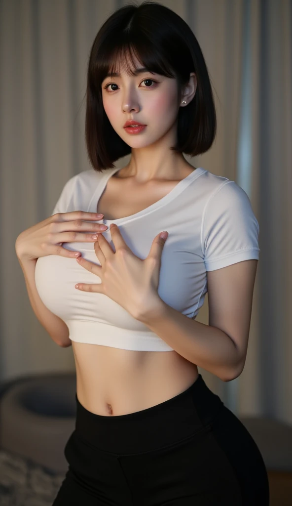 1girl, woman, masterpiece, best quality, highest quality, cinematic lighting, (volumetric lighting), extremely detailed CG unity 8k wallpaper, focused, 8k wallpaper, extremely detailed, ultra realistic, photorealistic, sharp focus, absurdres, (HDR:1.2), (high contrast), photograph, detailed and intricate, instagram, portrait, highly detailed, digital painting, artstation, concept art, smooth, sharp focus, illustration, cinematic lighting, (natural big breast), short skirt, eyes looking at the viewer, ((standing)), ((slender body)), skinny, (Pale skin, Realistic human body structure), (sbg, breast grab, breast lift,deep skin, nipples)