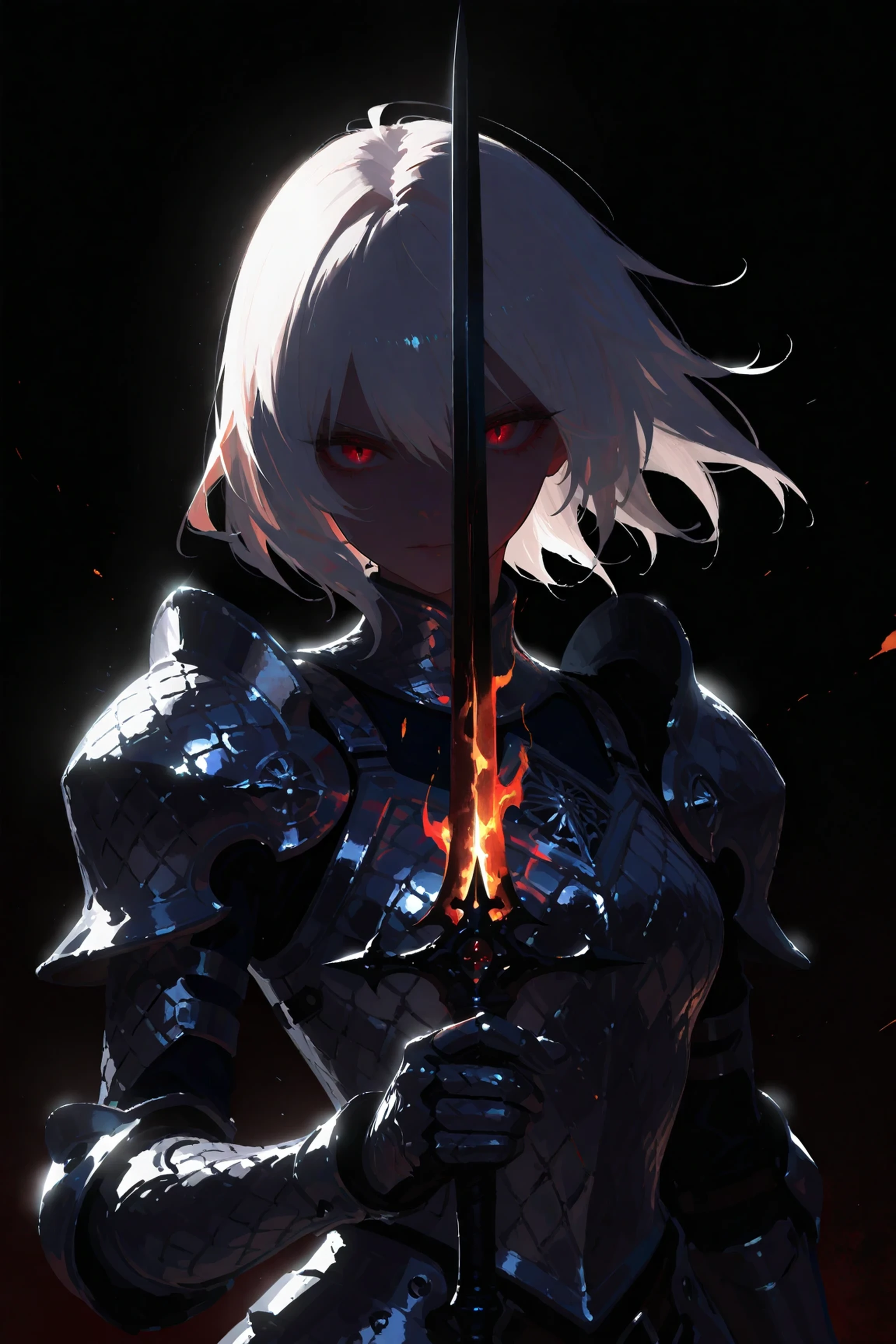 (masterpiece, best quality),solo, beautiful witch who handles flame of sword,the witch\(long white hair,sharp eyes,red eyes,silver metallic snake scale armor\),simple background,[[dark horror essence]], Flame,dynamic scene,cinematic light,shading and contrast,intricate art work,detailed illustration,hand written sketch