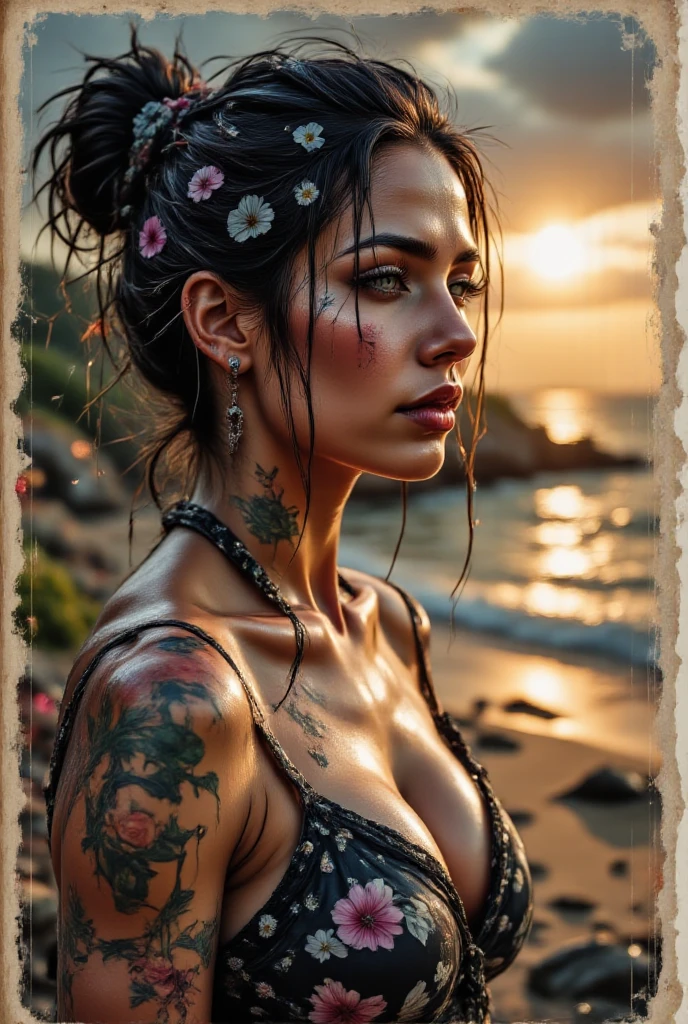 Create a tattoo design inspired by a serene scene featuring a nude woman with extensive body art, sitting cross-legged on a wooden deck by the sea. The woman has long, flowing hair and a calm, confident expression. Her tattoos are intricate, with designs covering her arms, chest, and legs, incorporating elements like roses, wings, and ornamental patterns. The background should depict the tranquil sea with gentle waves and a clear sky, reflecting sunlight. Use realistic shading and vibrant colors to highlight the details of the tattoos and the serene setting.