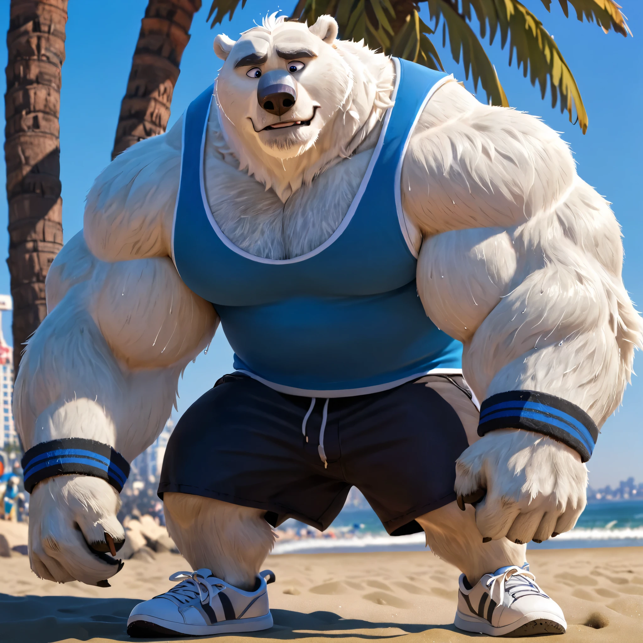 huge muscular polar bear in L.A. beach, big growl grunt, polar bear, huge white fur, thick arm, huge arm, gray mustache, gray beard. white hair and beard, bearded, (muscular, pectoral, wide pectoral, thick arms), Zootopia, 8k, masterpiece, detailed grey eyebrows, detailed eyes with blue pupils, (wearing black shorts, wristbands, blue tank top and white shoes), vibrating and bouncing his pecs like a drum