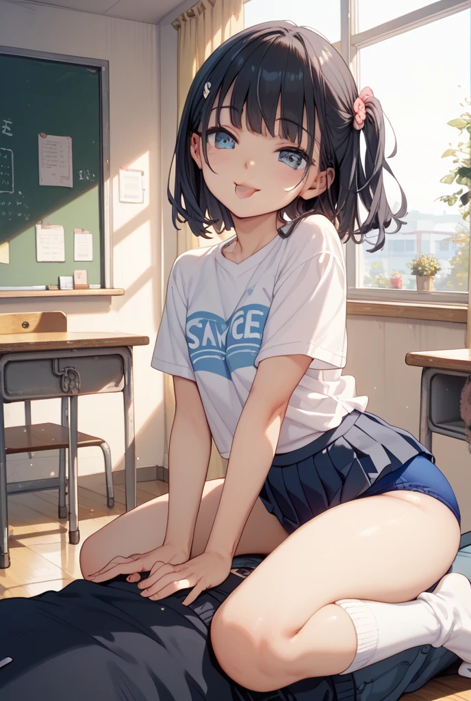 One girl, highest quality, Super detailed, masterpiece, Ultra-high resolution, 8k, Ridiculous, Cowboy Shooting, Focus on the girl, Embarrassing, blush, Lovely, Close one eye, With tears in her eyes and her mouth open, What saliva leaves behind, (arms behind head), (wariza), (off-shoulder sweater dress), (crop top navel), Sticky panties, White lace panties, Classroom Background, (Videl:1.2), The skirt is accidentally exposed,medium breasts, Accidentally exposed panties, Absolute area, Black knee socks