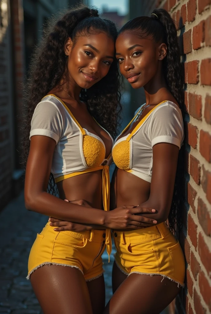 (2heads), conjoined, no facial hair, very feminine face, dark skin,, thin hips, tight body, skinny, petite, midriff showing, Blushing, smile, , (brown skin:1.2), Big tits, , wet, in classroom, sunny day, smiling  Fine lashes, wearing a fuzzy white sweater, midriff, wearing tight black shiny leggings, heavy makeup, sexy look, , short, fully body, Brown skin, wearing white blouse, holding a bag,, Naked, Brown skin, Dark skin, Dark skin, Tanned skin