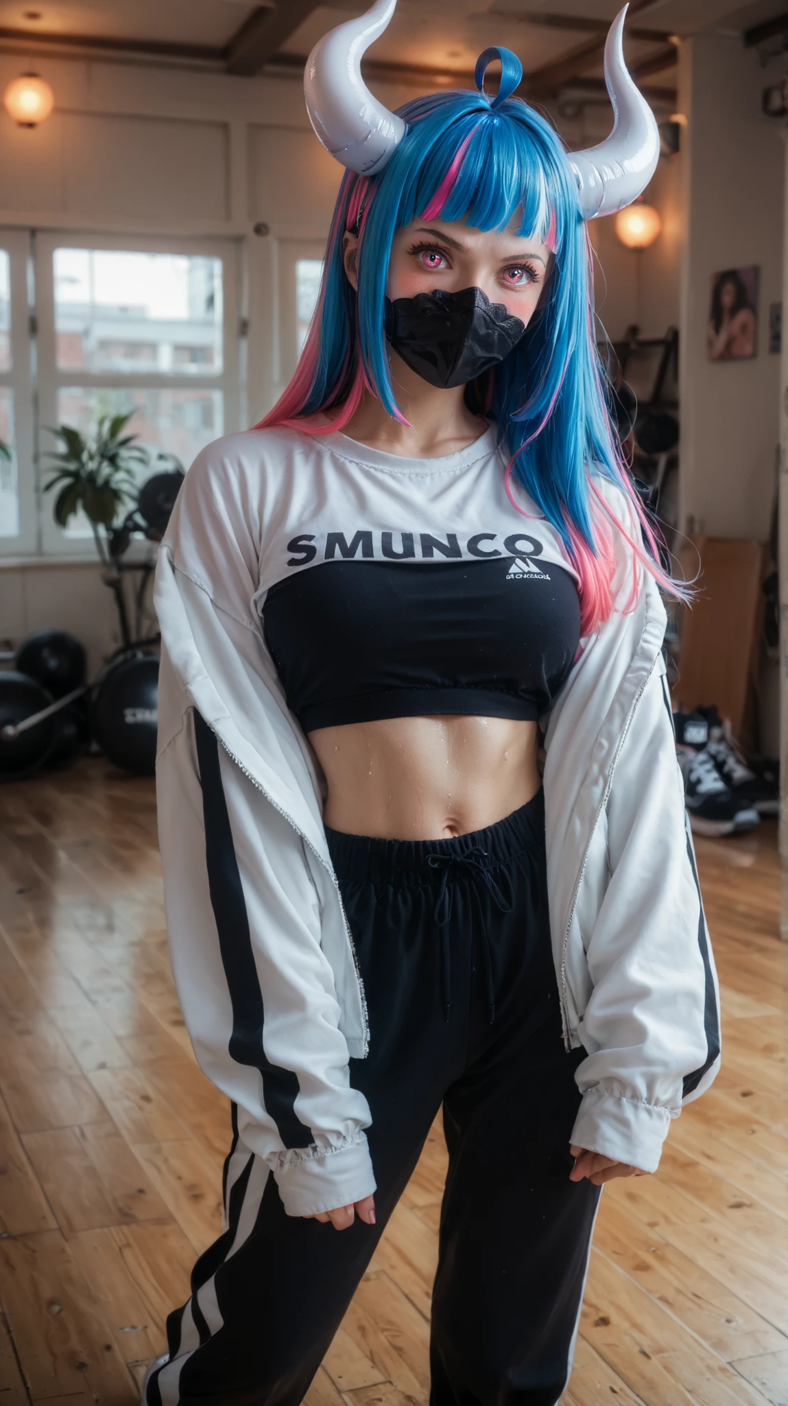 Ulti Solo, horns, pink eyes, hair. Long hair, multi-colored hair, bangs, ahoge, face, mask, face mask, wearing a black sports crop top, baggy sweatpants, white sneakers, oversized open jacket, stylish urban dancewear, inside a dance studio, wooden floor, mirrored wall, confident pose, slightly sweaty, relaxed and serene expression, dim lighting, realistic shadows, looking at viewer, blushing, white horns, blue hair, pink highlights.